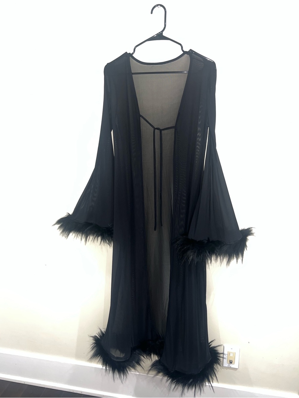 Black Sheer Faux Fur Trim Robe